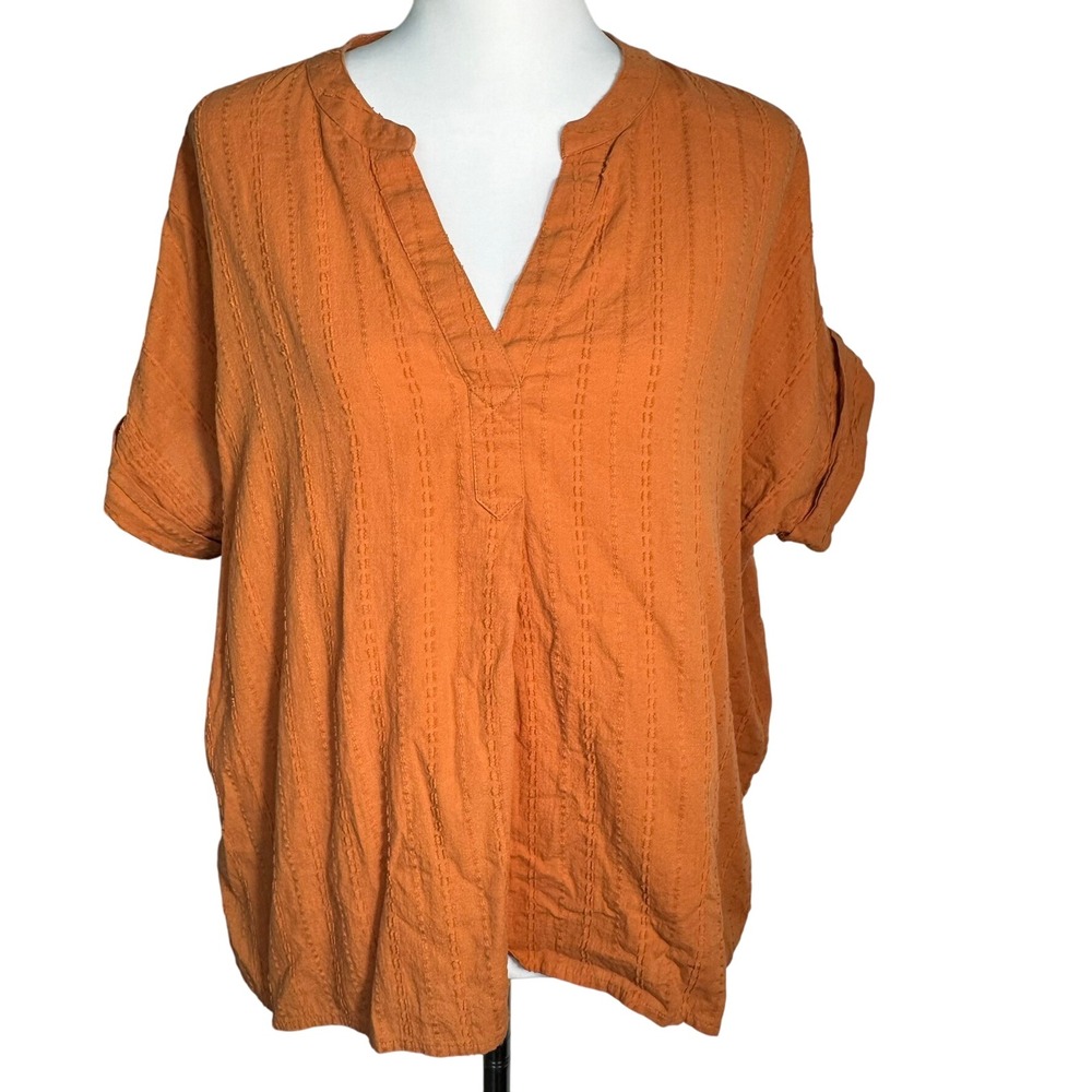 MADEWELL Women's Medium Orange Lakeline Popover Shirt Clip-Stripe Texture V-Neck
